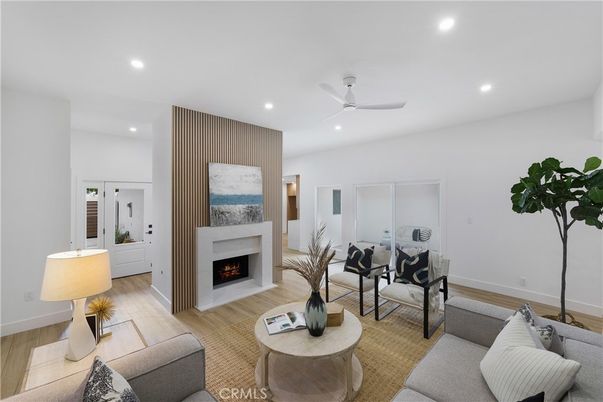 Fireplace, Interior, Living room, Recessed Lighting, Wood Texture Flooring