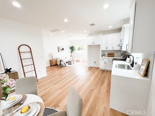 Dining room, Interior, Kitchen, Living room, Recessed Lighting, Wood Texture Flooring
