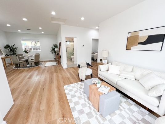 Dining room, Interior, Living room, Recessed Lighting, Wood Texture Flooring