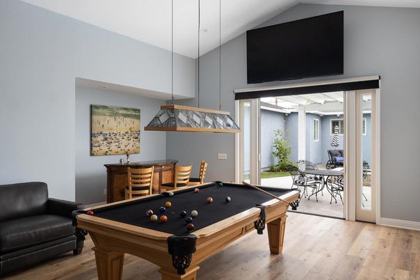 Billiard Table, Game Room, Interior, Pendant Lights, Wood Texture Flooring