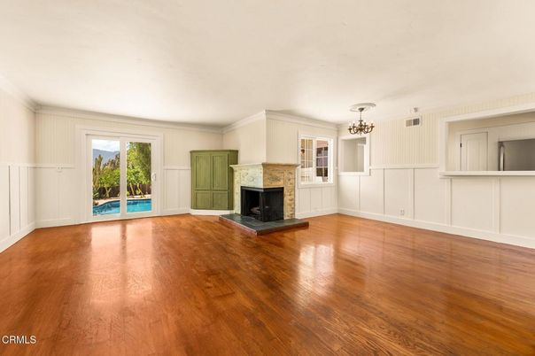 Chandelier, Empty room, Fireplace, Interior, Wood Texture Flooring