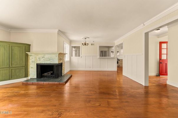 Chandelier, Empty room, Fireplace, Interior, Wood Texture Flooring