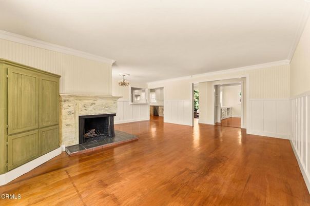 Chandelier, Empty room, Fireplace, Interior, Wood Texture Flooring