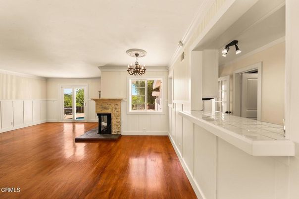 Chandelier, Empty room, Fireplace, Interior, Wood Texture Flooring