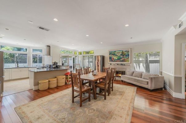 Dining room, Fireplace, Interior, Kitchen, Living room, Recessed Lighting, Wood Texture Flooring