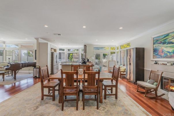 Dining room, Fireplace, Interior, Kitchen, Living room, Piano, Recessed Lighting, Wood Texture Flooring