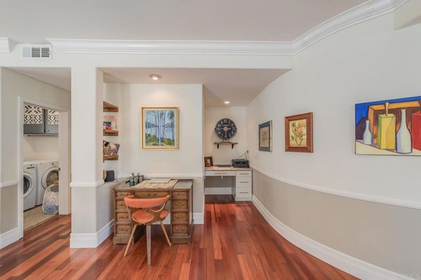 Home Office, Interior, Recessed Lighting, Washer, Wood Texture Flooring