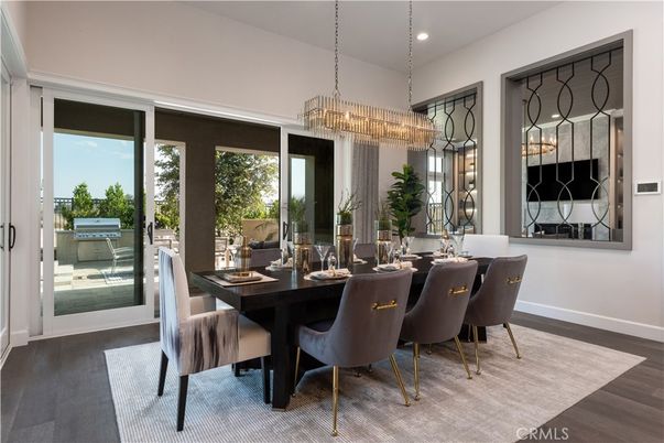 Chandelier, Dining room, Interior, Recessed Lighting, Wood Texture Flooring