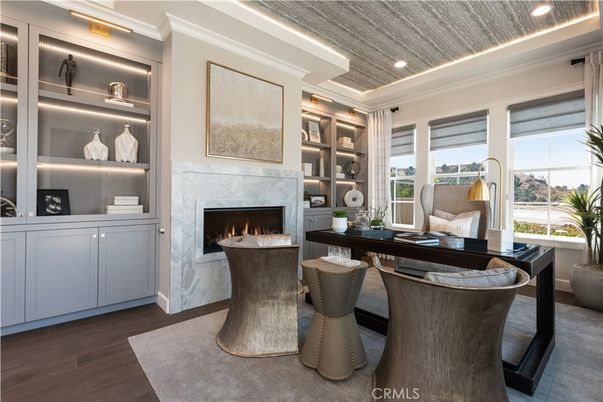 Fireplace, Home Office, Interior, Recessed Lighting, Wood Texture Flooring