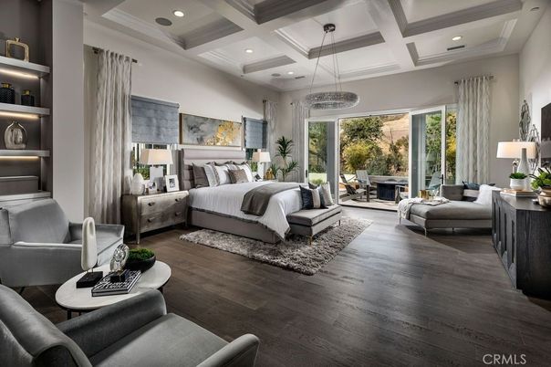Bedroom, Interior, Pendant Lights, Recessed Lighting, Wood Texture Flooring