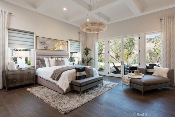 Bedroom, Interior, Pendant Lights, Recessed Lighting, Wood Texture Flooring