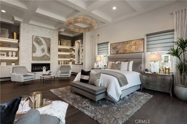 Bedroom, Fireplace, Interior, Pendant Lights, Recessed Lighting, Wood Texture Flooring