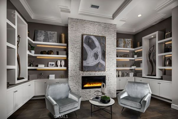 Fireplace, Interior, Recessed Lighting, Stone Walls, Wood Texture Flooring