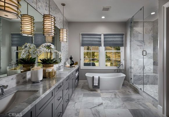 Bathroom, Dual Sink Vanities, Free Standing Baths, Glass Shower, Interior, Marble, Marble Walls, Recessed Lighting