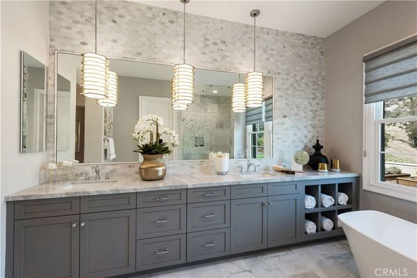 Bathroom, Dual Sink Vanities, Free Standing Baths, Interior, Marble, Pendant Lights