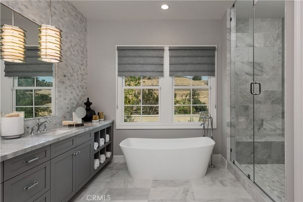 Bathroom, Free Standing Baths, Glass Shower, Interior, Marble, Marble Walls, Recessed Lighting