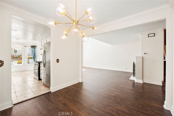 Empty room, Interior, Kitchen, Pendant Lights, Wood Texture Flooring