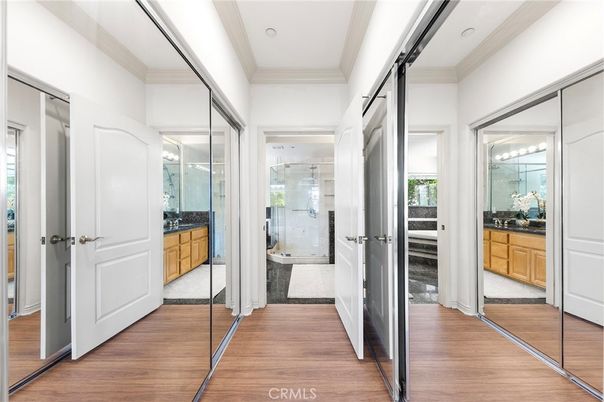 Bathroom, Glass Shower, Interior, Recessed Lighting, Wood Texture Flooring