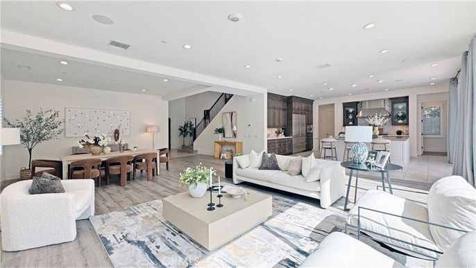 Dining room, Interior, Living room, Recessed Lighting, Wood Texture Flooring