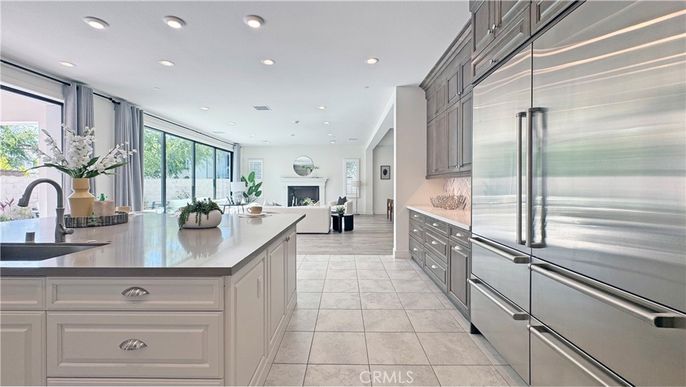 Fireplace, Interior, Kitchen, Recessed Lighting, Stainless Steel Appliances