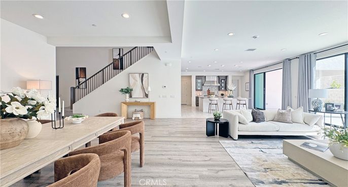 Dining room, Interior, Kitchen, Living room, Recessed Lighting, Wood Texture Flooring