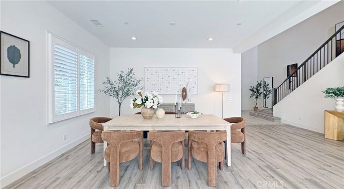 Dining room, Interior, Recessed Lighting, Wood Texture Flooring