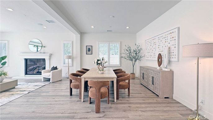 Dining room, Fireplace, Interior, Recessed Lighting, Wood Texture Flooring