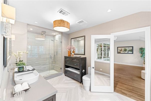 Bathroom, Glass Shower, Interior, Recessed Lighting, Wood Texture Flooring