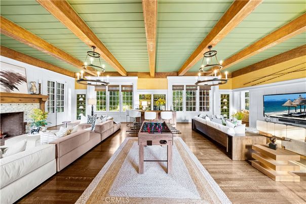 Fireplace, Interior, Living room, Pendant Lights, Water, Wooden Beams, Wood Texture Flooring