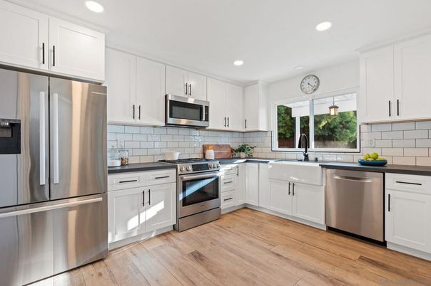 Interior, Kitchen, Recessed Lighting, Stainless Steel Appliances, Wood Texture Flooring