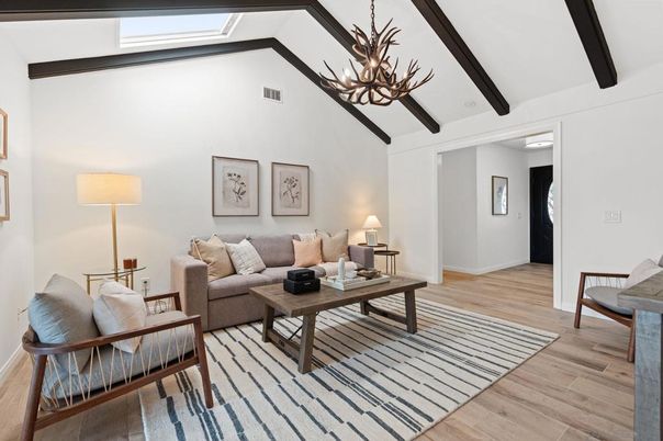 Chandelier, Interior, Living room, Pendant Lights, Wooden Beams, Wood Texture Flooring