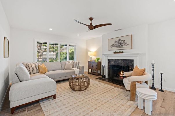Fireplace, Interior, Living room, Recessed Lighting, Wood Texture Flooring