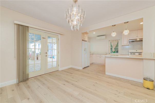 Chandelier, Empty room, Interior, Kitchen, Pendant Lights, Recessed Lighting, Wood Texture Flooring