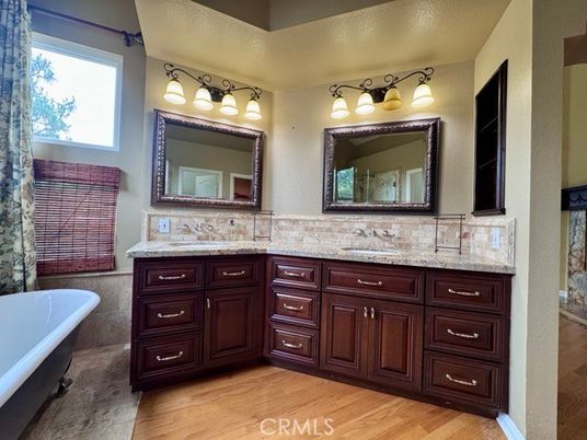 Bathroom, Dual Sink Vanities, Free Standing Baths, Interior, Wood Texture Flooring