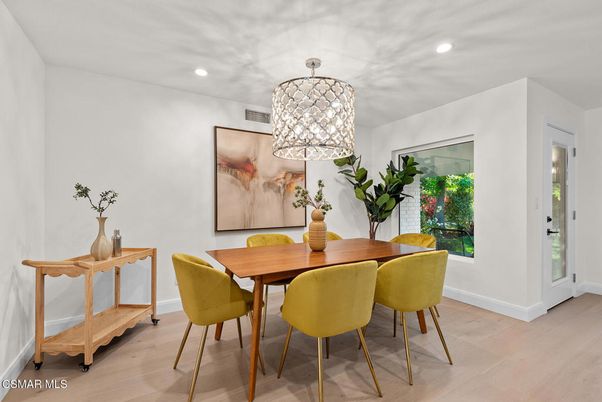 Dining room, Interior, Recessed Lighting, Wood Texture Flooring