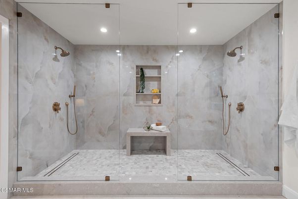 Bathroom, Glass Shower, Interior, Marble Walls, Recessed Lighting