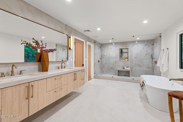 Bathroom, Dual Sink Vanities, Free Standing Baths, Interior, Marble, Marble Walls, Recessed Lighting