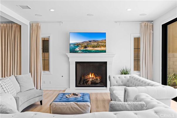 Fireplace, Interior, Living room, Recessed Lighting, Wood Texture Flooring