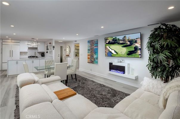 Dining room, Fireplace, Interior, Kitchen, Living room, Recessed Lighting, Wood Texture Flooring