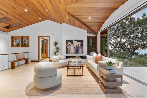Fireplace, Interior, Living room, Recessed Lighting, Wooden Ceilings