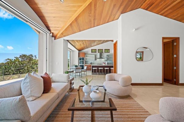 Interior, Kitchen, Living room, Recessed Lighting, Water, Wooden Ceilings