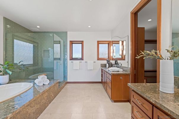 Bathroom, Dual Sink Vanities, Glass Shower, Interior, Recessed Lighting