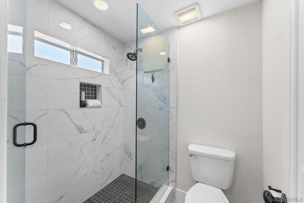 Bathroom, Glass Shower, Interior, Marble Walls, Recessed Lighting