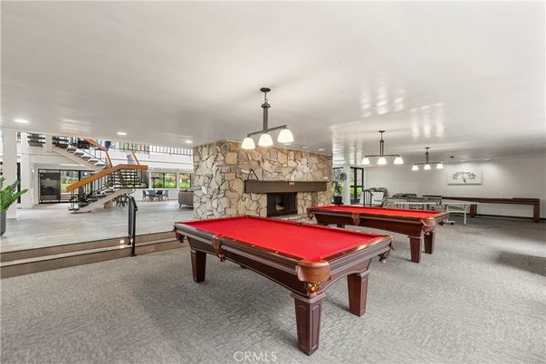 Billiard Table, Fireplace, Game Room, Interior, Pendant Lights, Recessed Lighting, Stone Walls