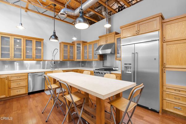 Interior, Kitchen, Pendant Lights, Stainless Steel Appliances, Wood Texture Flooring