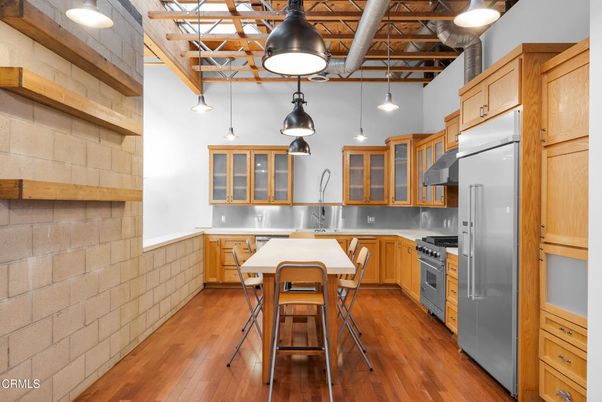 Interior, Kitchen, Pendant Lights, Stainless Steel Appliances, Stone Walls, Wooden Beams, Wood Texture Flooring