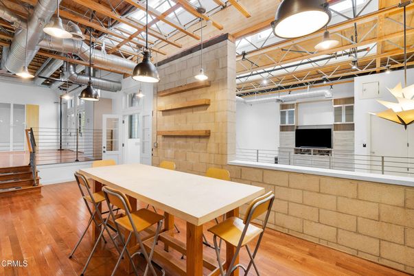 Dining room, Interior, Pendant Lights, Stone Walls, Wooden Beams, Wood Texture Flooring