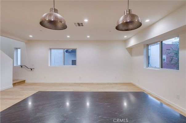 Empty room, Interior, Pendant Lights, Recessed Lighting, Wood Texture Flooring