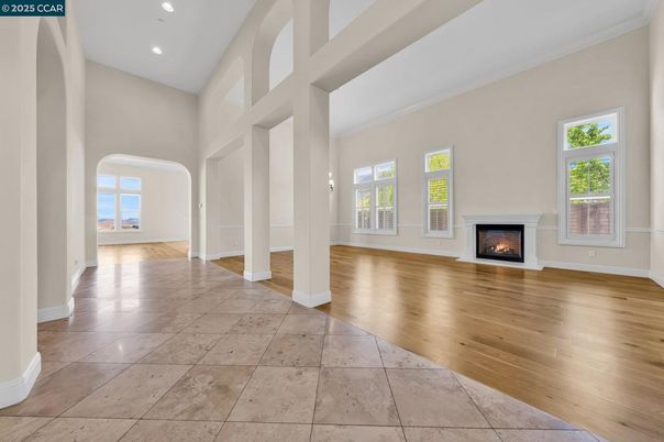 Empty room, Fireplace, Interior, Recessed Lighting, Wood Texture Flooring