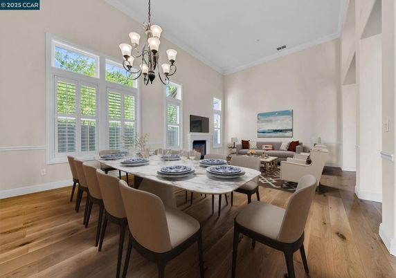 Chandelier, Dining room, Fireplace, Interior, Living room, Wood Texture Flooring